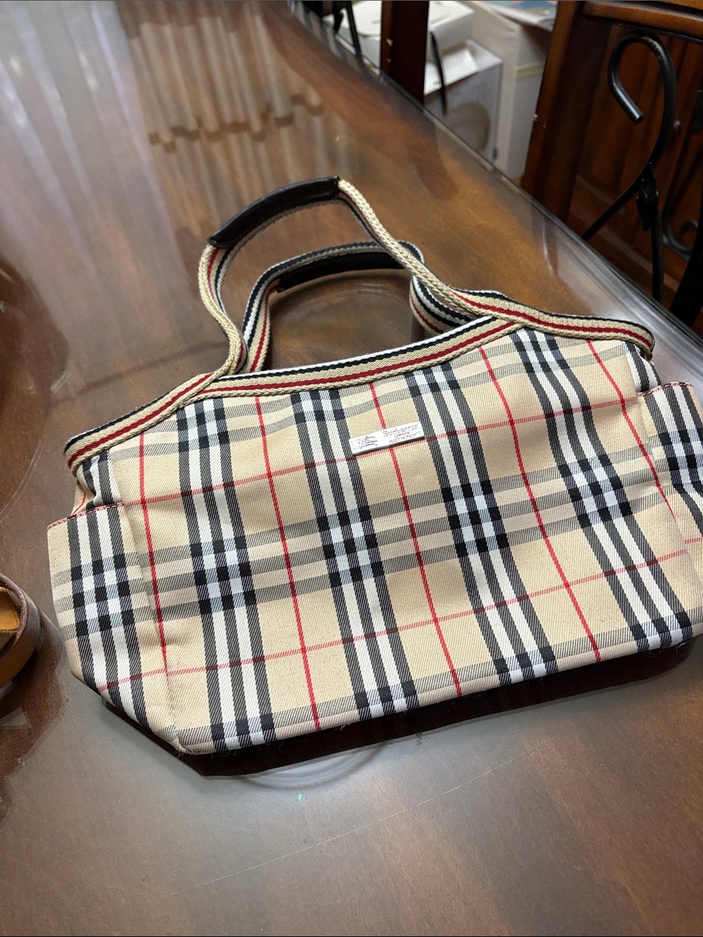 Beige Plaid Canvas Tote with Black & Red Trim
